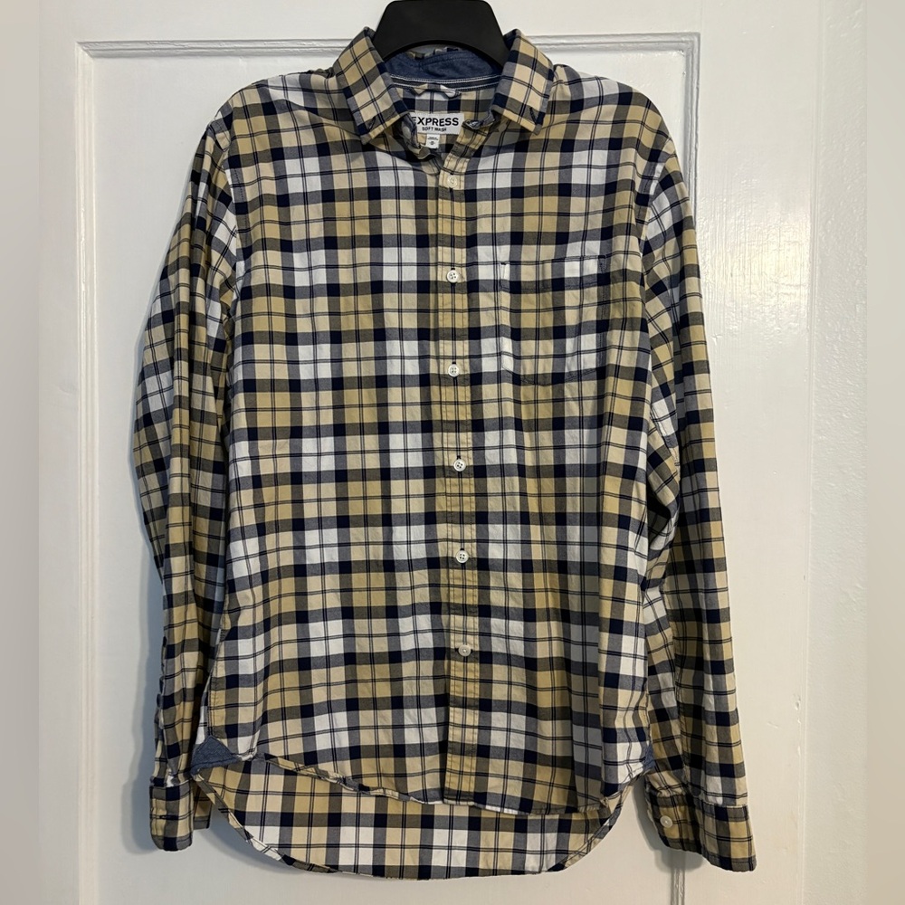 Express Men's Checkered Shirt - Navy and Beige